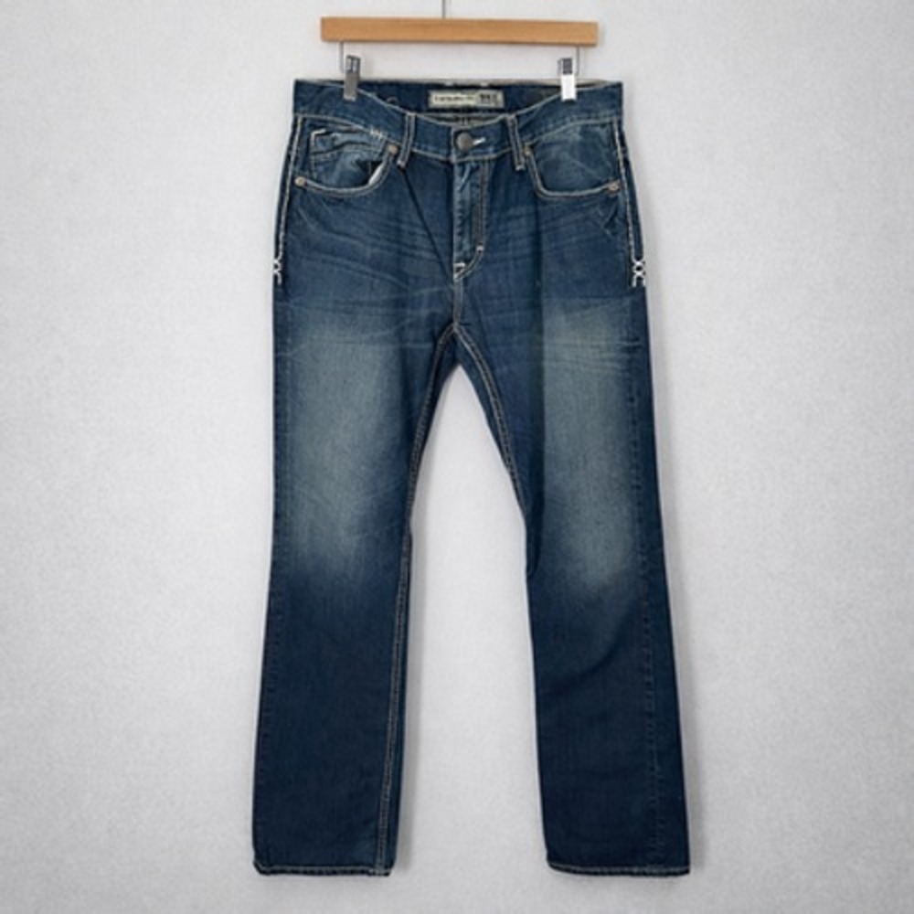 BKE Mens Carter Straight Jeans Size 32L Blue Medium Wash Distressed Denim Casual